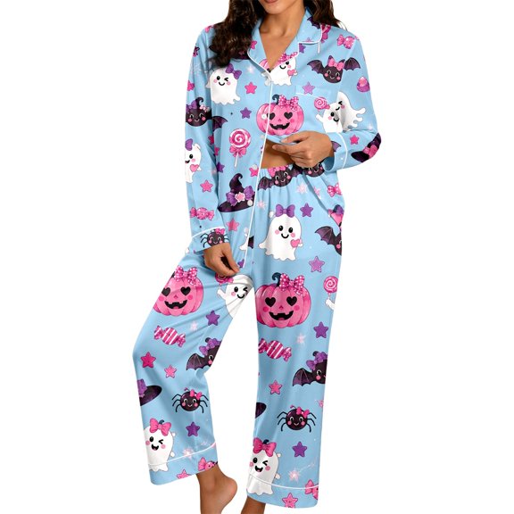 ZHOGXU Womens Halloween Pajama Sets Ghost & Pumpkin Print Notch Collar Long Sleeve Button Top Matching Long Pants 2PCS Pjs Summer Fashion Sleepwear,Light Blue,L
