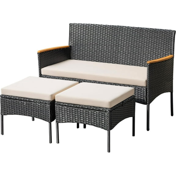 FASCK Patio Furniture Set 3 Piece Outdoor Conversation Set Wicker Loveseat with Ottoman for Balcony Lawn Porch (Beige)