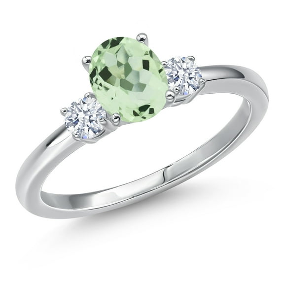 Gem Stone King 14K White Gold Green Prasiolite and White Zirconia Engagement Ring for Women | 0.97 Cttw | Oval 7X5MM | Gemstone Birthstone | Size 9