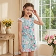 thumbnail image 4 of ZIATUBLE4S Butterfly Rose Print Girls Summer Jumpsuit Kids Button Flutter Sleeve Short Playsuit Elastic Waist Round Neck Casual Romper Outfit Clothes with Pockets for 11-12 Y, 4 of 6