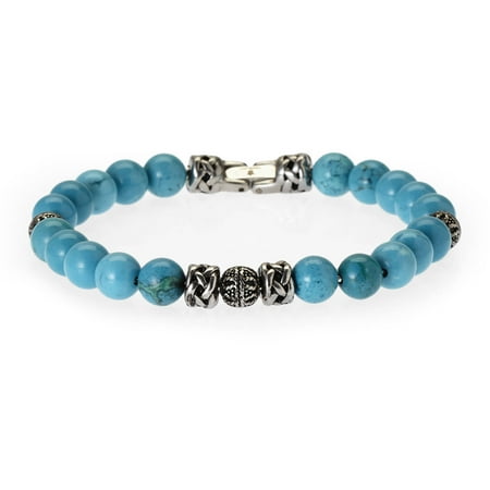 Men's Genuine Turquoise Stainless Steel Bead Bracelet, 8.5