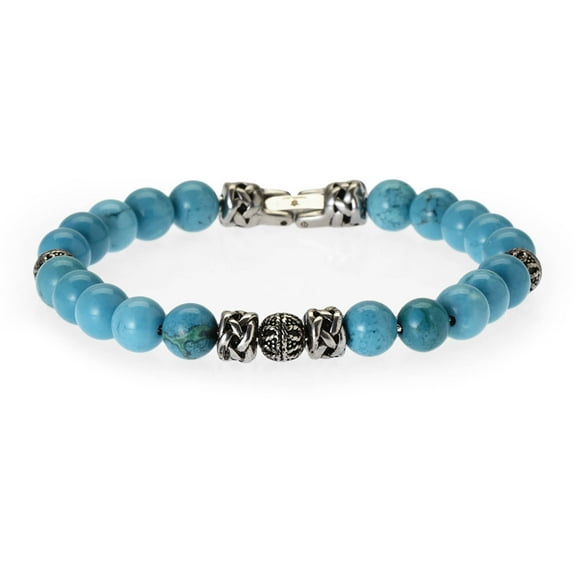 Men's Genuine Turquoise Stainless Steel Bead Bracelet, 8.5"