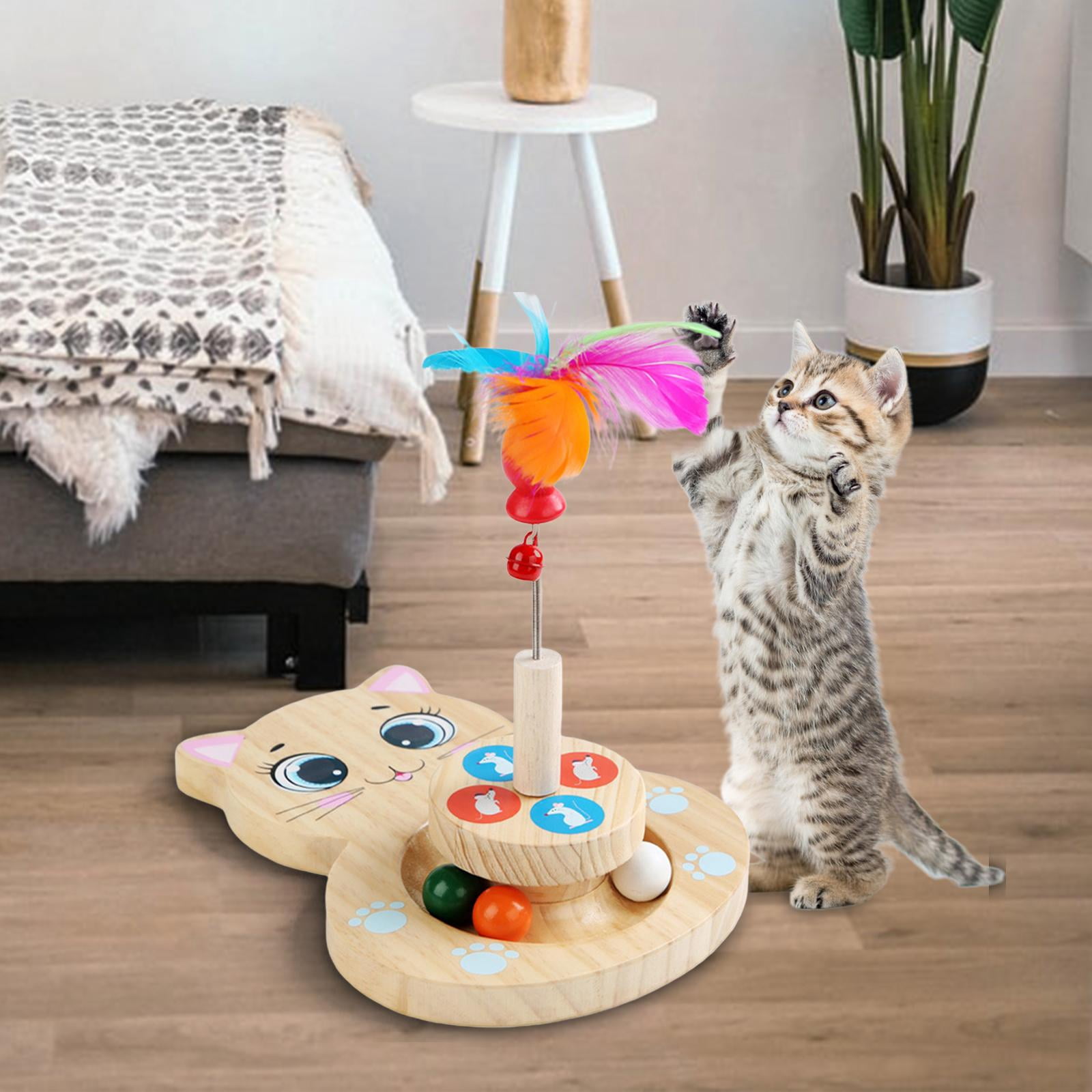 Wooden Cat Toy, Cat Turntable with Balls, Cat Toy Feather Stick, Feather Teaser, Interactive Training Toy , Cat Shaped