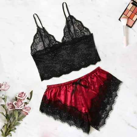 Underwear for Womens Bras For Couples Women Satin Lace V-Neck Camisole Bowknot Shorts Set Sleepwear Pajamas Lingerie