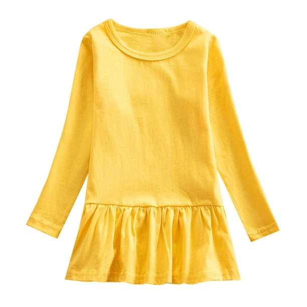 Odeerbi Niñas Primavera Otoño Manga Larga Vestido Volantes Vestido Algodón Color Sólido Cuello Redondo Suelto Vestido Cola de Pez