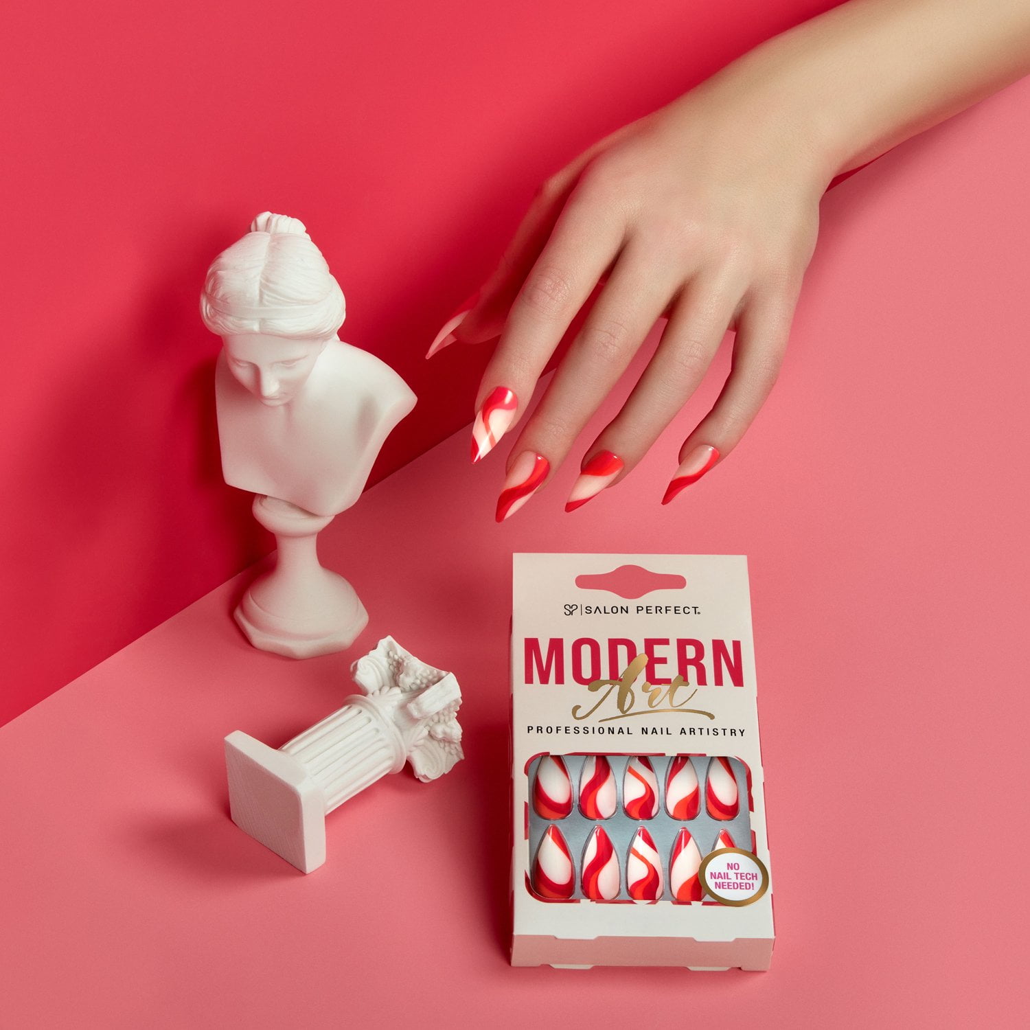 Salon Perfect Modern Art Press on Nails, Red Swirl Fake Nail Kit, 30 Pieces