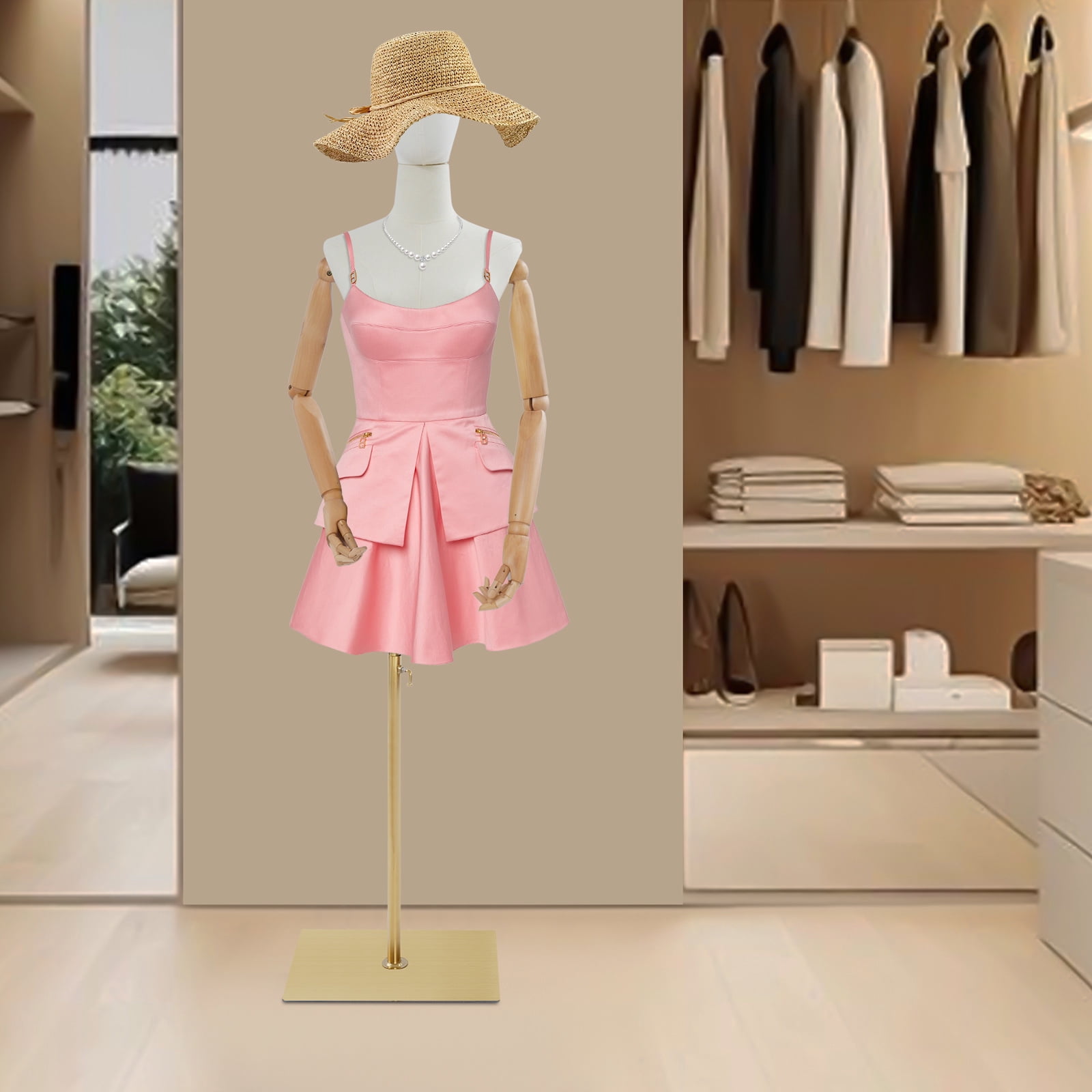 1 PCS Free Standing Female Mannequin, Female Dress Form Display for Boutiques, Clothing Stores, Display Windows, Shopping Malls, Adjustable Height Female Mannequin, White+ Wood Color+ Golden