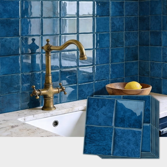 8 Sheets Blue Tiles Stickers 6"x6" 3D Effect Kitchen Backsplash Decals Bathroom Tiles Wall Decor Self-Adhesive Removable Vinyl Peel and Stick