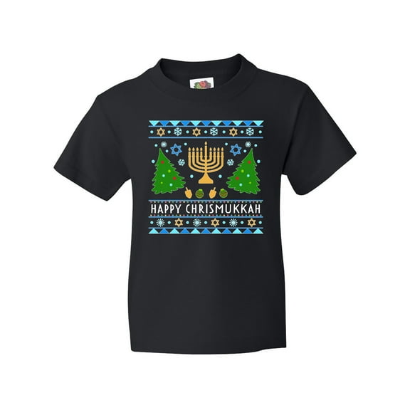 Inktastic Happy Chrismukkah Sweater Style with Menorah and Trees Youth T-Shirt