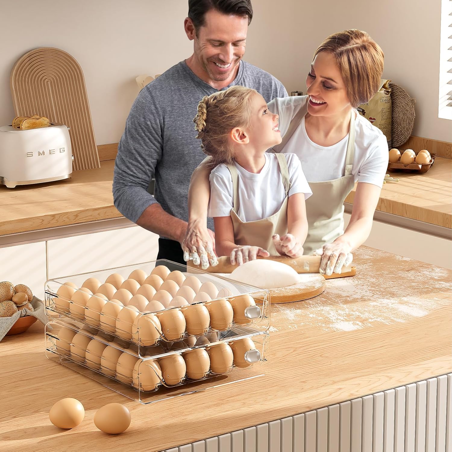 2 Pack 30 Count Large Egg Holder for Fridge, 5 Dozen Stackable Egg Organizer for Refrigerator, Clear Egg Storage Container with Drawer for Refrigerator