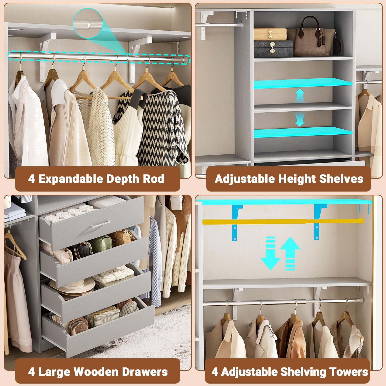 Homieasy 8FT Walk-in Closet System with 4 Wooden Drawers & 4 Hanging Rods , Heavy-Duty Closet Organizer for Bedroom/Laundry Room ,96'' Wardrobe Tower, Garment Rack, Gray