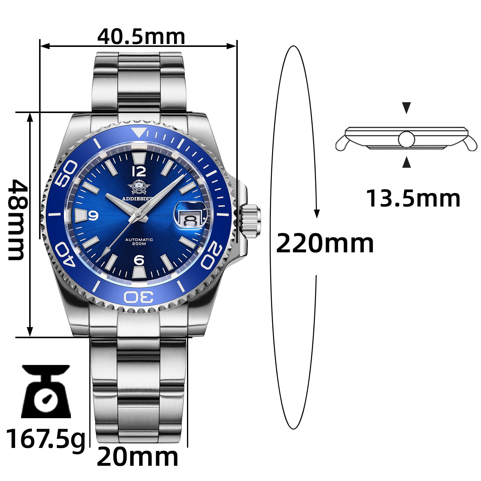ADDIESDIVE Men's Automatic Diver Watch 200M Waterproof, Japanese Mechanical Movement, Sapphire Crystal & Ceramic Bezel, Super-LumiNova BGW9/C3, Stainless Steel Dive Watch
