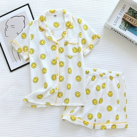 

CoCopeaunt Cotton Gauze Pajamas Women Kawaii Smiley Print Pijamas Korean Style Sleepwear Pyjamas 2 Piece Set Thin Homewear Loungewear
