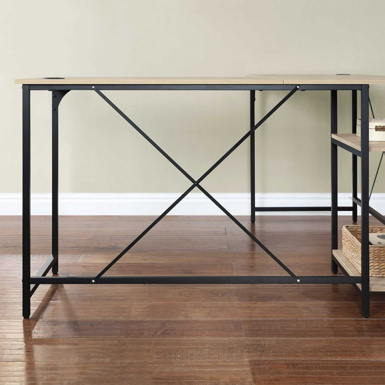 Mainstays Two-Way Convertible Desk with Lower Storage Shelf, Natural Finish  and Black Metal Frame 