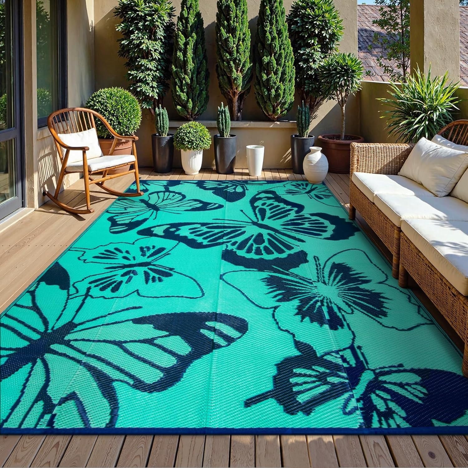 Wonnitar 6x9 Butterfly Outdoor Rug Waterproof, Washable Rugs for Outside, Plastic Foldable Teal Indoor Outdoor Carpet for Patio Balcony