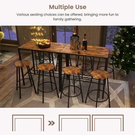 Costway 5PCS Bar Table & Stools Set Industrial Bistro Set with Wine Rack & Glass Holder - Rustic Brown/Black