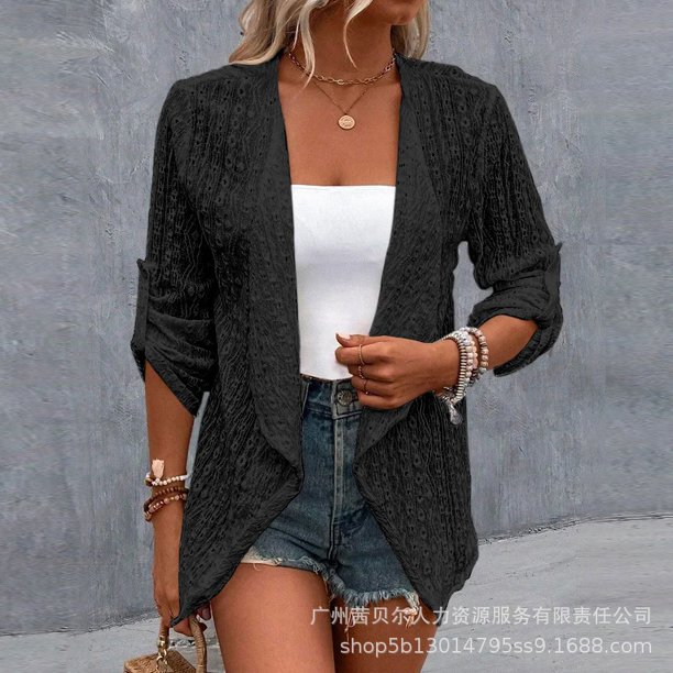 Mandylandy-Kimono informal holgado para mujer, cárdigan de punto abierto a la moda, prendas de vestir, prendas de vestir cortas de Color sólido, abrigos