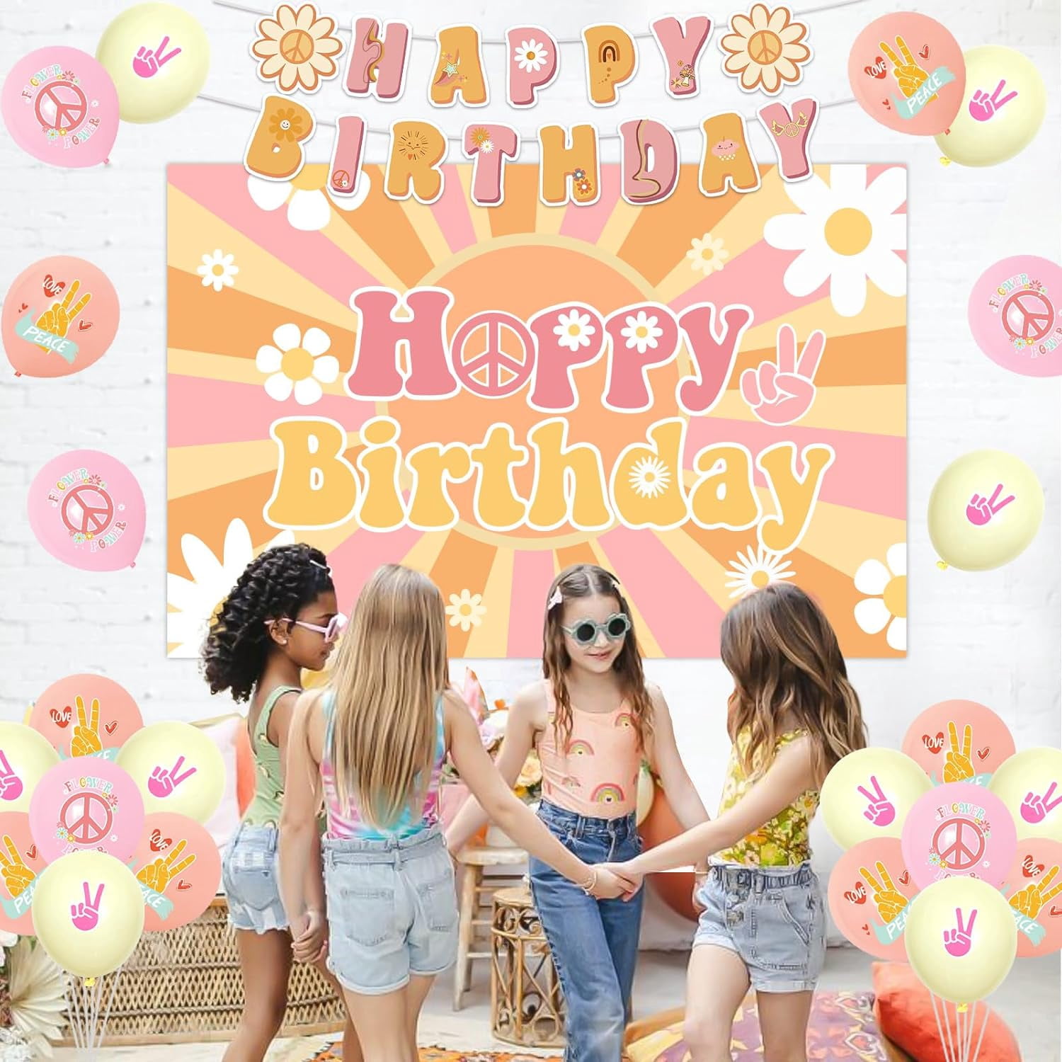 Groovy Birthday Decorations for Girls, Hippy Boho Happy Birthday Backdrop Banner Daisy Birthday Garland Flower Power Balloons for Retro Hippie 1960s 1970s One Two Groovy Party Supplies