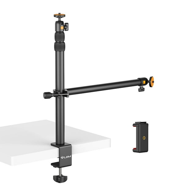 JUSMO Camera Desk Mount with Auxiliary Holding Arm, Overhead Camera Mount with 360° Ballhead and Phone Grip, Table C-Clamp Multi Mount Stand for DSLR, Phone, Light, Webcam and More (LS02)