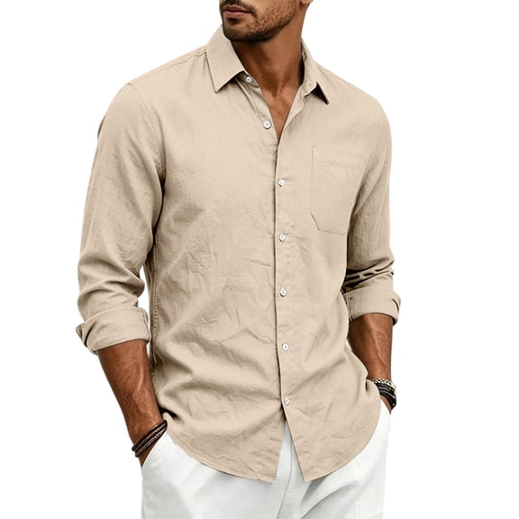 Dwelliawo Men's Linen Shirts Casual comfort Button Down Long Sleeve Shirt Solid Spread Collar Summer Beach Vacation Shirts with Pocket Khaki 2xL