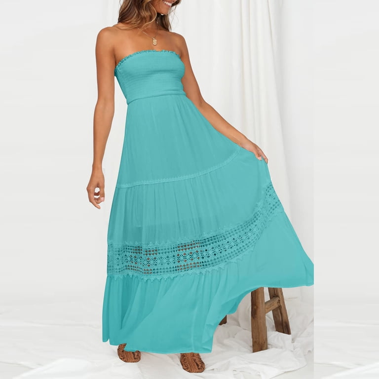 USSUMA Sun Dresses Women Summer Casual Sleeveless Smocked Tube Top Lae  Swing Flowy Long Maxi Sundresses for Women Solid Plus Size Dress for Women  V Neck Graduation Dress - Walmart.com
