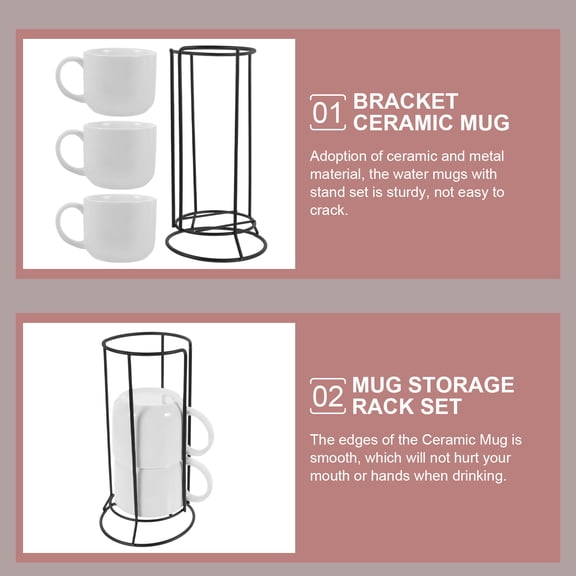 Pretyzoom Ceramic Latte Cups Set with White Iron Storage Rack, Ideal Coffee Mugs for Home, Cafe, Daily Use, and Stylish