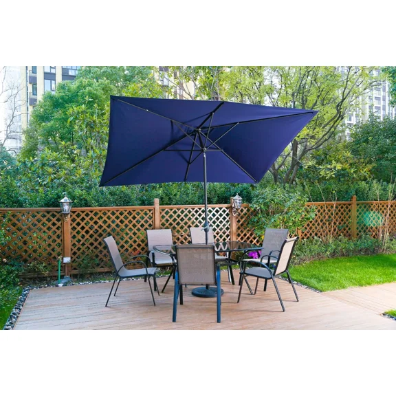 CozyHom 10*6.5 ft Outdoor Patio Rectangle Beach Umbrella, Aluminium Market Umbrella with light, Navy Blue