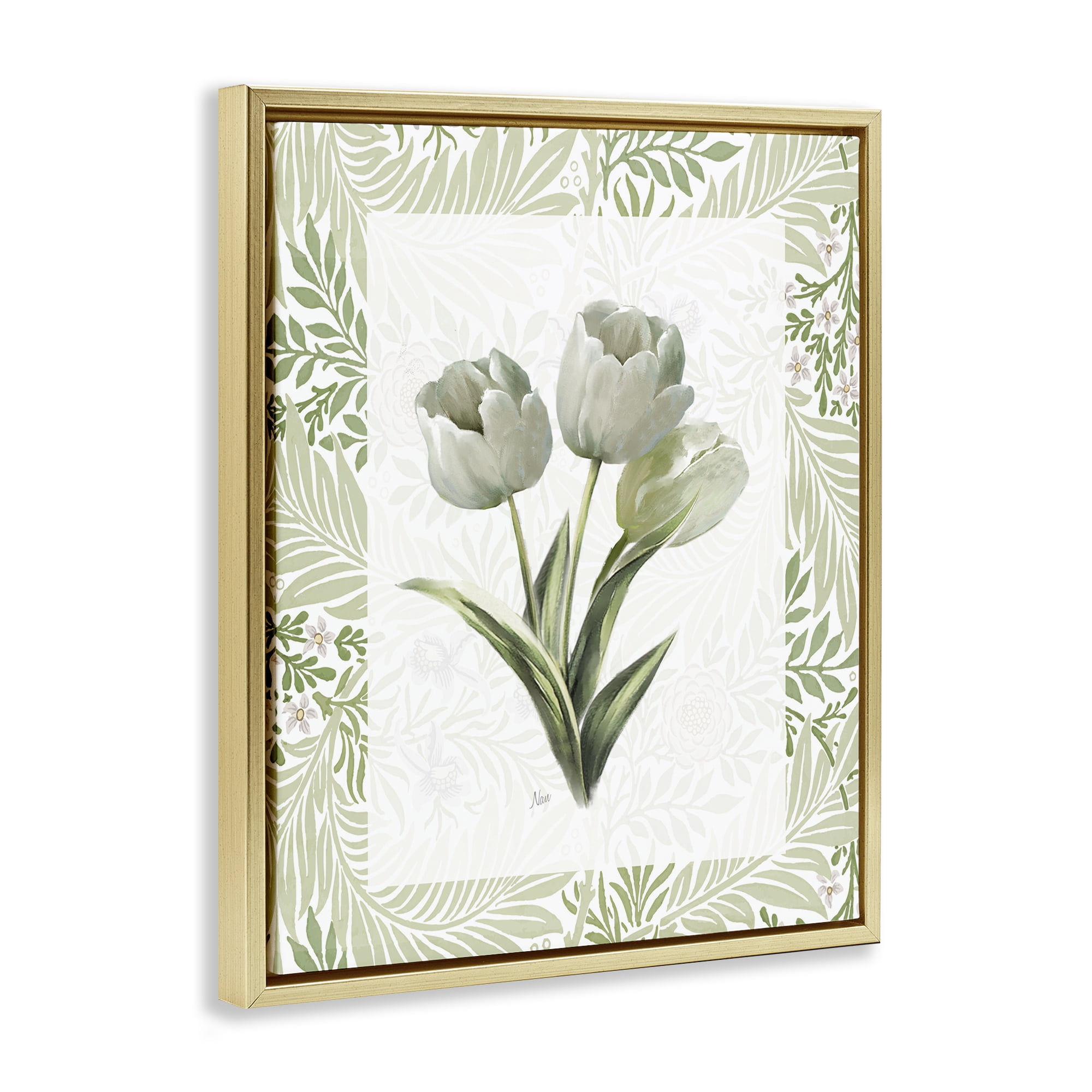 Stupell Industries Pale Green Tulip Trio Gold Framed Floater Canvas Wall Art, design by Nan