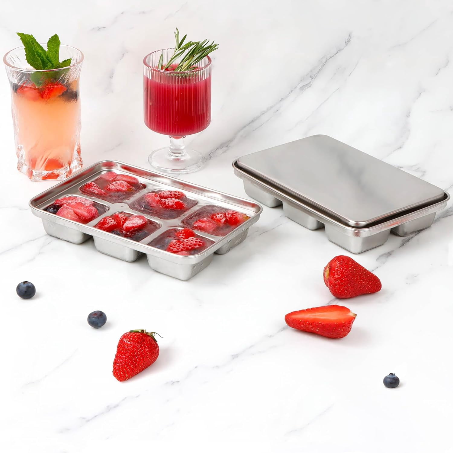 Ice Cube Tray with Lid, 2 Pack 12 Big Cubes, Stainless Steel Ice Cube Trays for Freezer, Ice Cube Molds for Cocktails, Whiskey, Drinks, and Ice Coffee, Easy Release