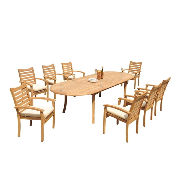 Grade-A Teak Dining Set: 8 Seater 9 Pc: 118" Oval Table And 8 Aspen Stacking Arm Chairs Outdoor Patio WholesaleTeak #51AP2609