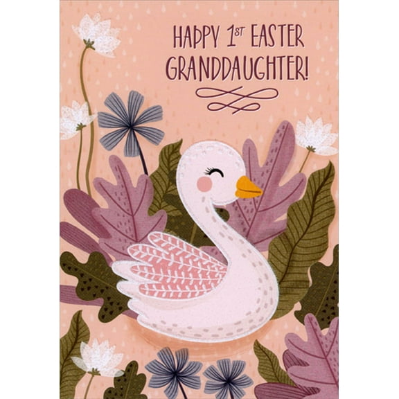 Designer Greetings Cute Swan with Sparkling Pink Feathers 1st : First Easter Card for Granddaughter