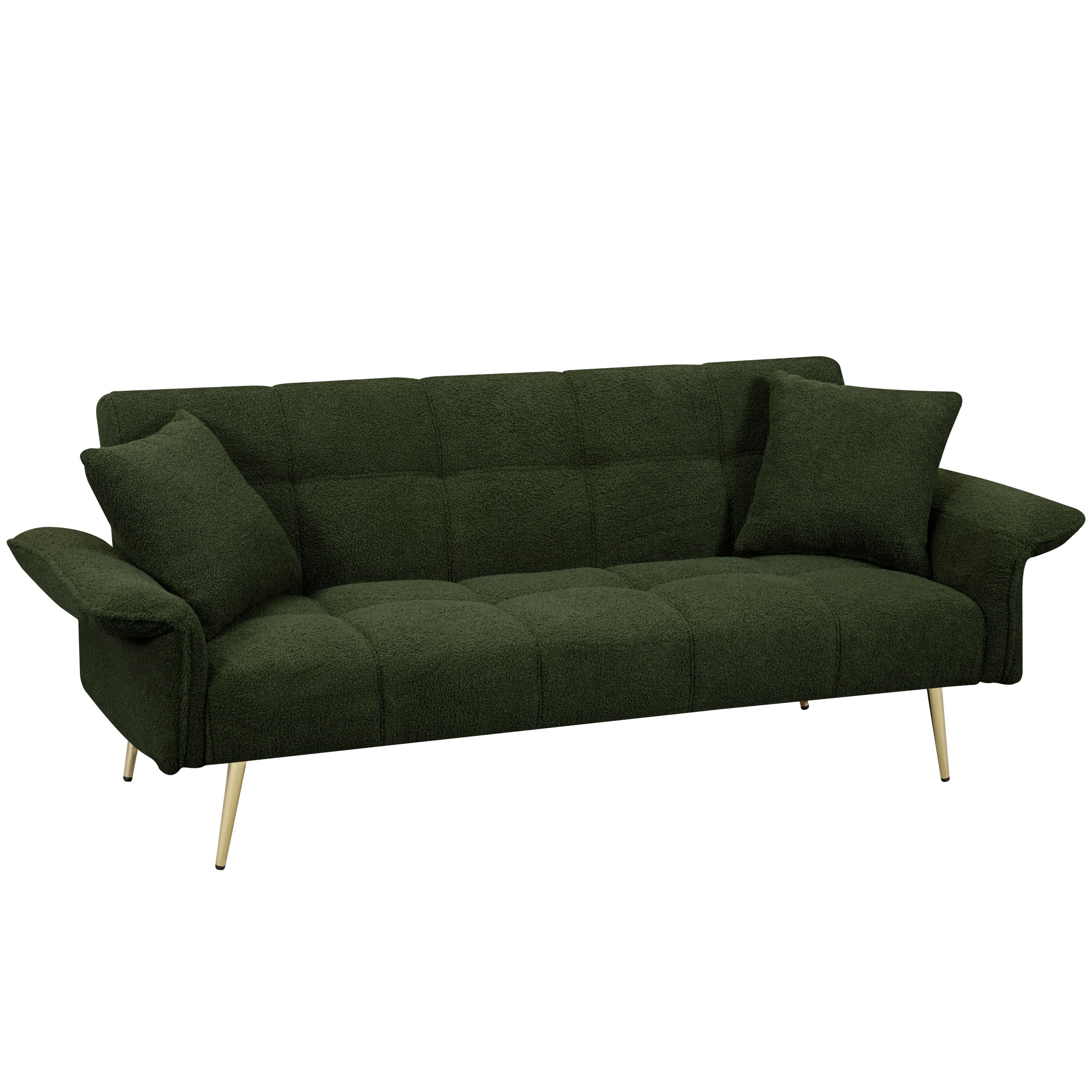 Gewnee Futon Sofa Bed, Convertible Double Sofa Bed with Folding Armrests - Teddy Velvet Fabric & Sturdy Wood Frame for Living Rooms & Small Spaces，Green