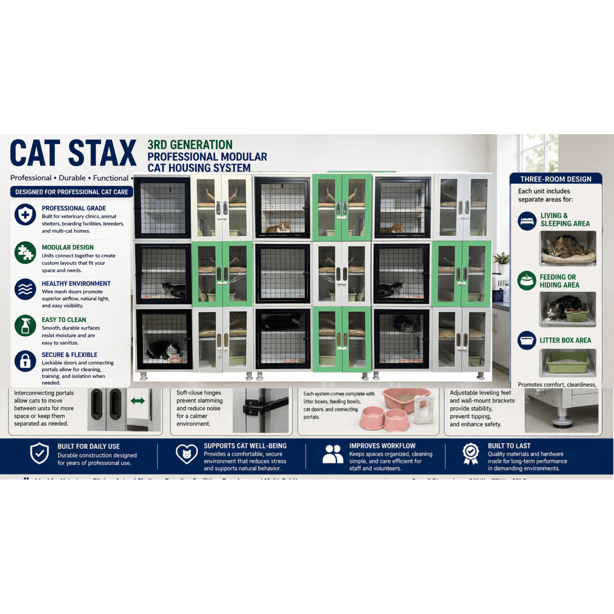 Nine Unit Cat STAX 3rd Generation Professional Modular Cat Housing System for Veterinary Clinics Animal Shelters & Boarding Facilities