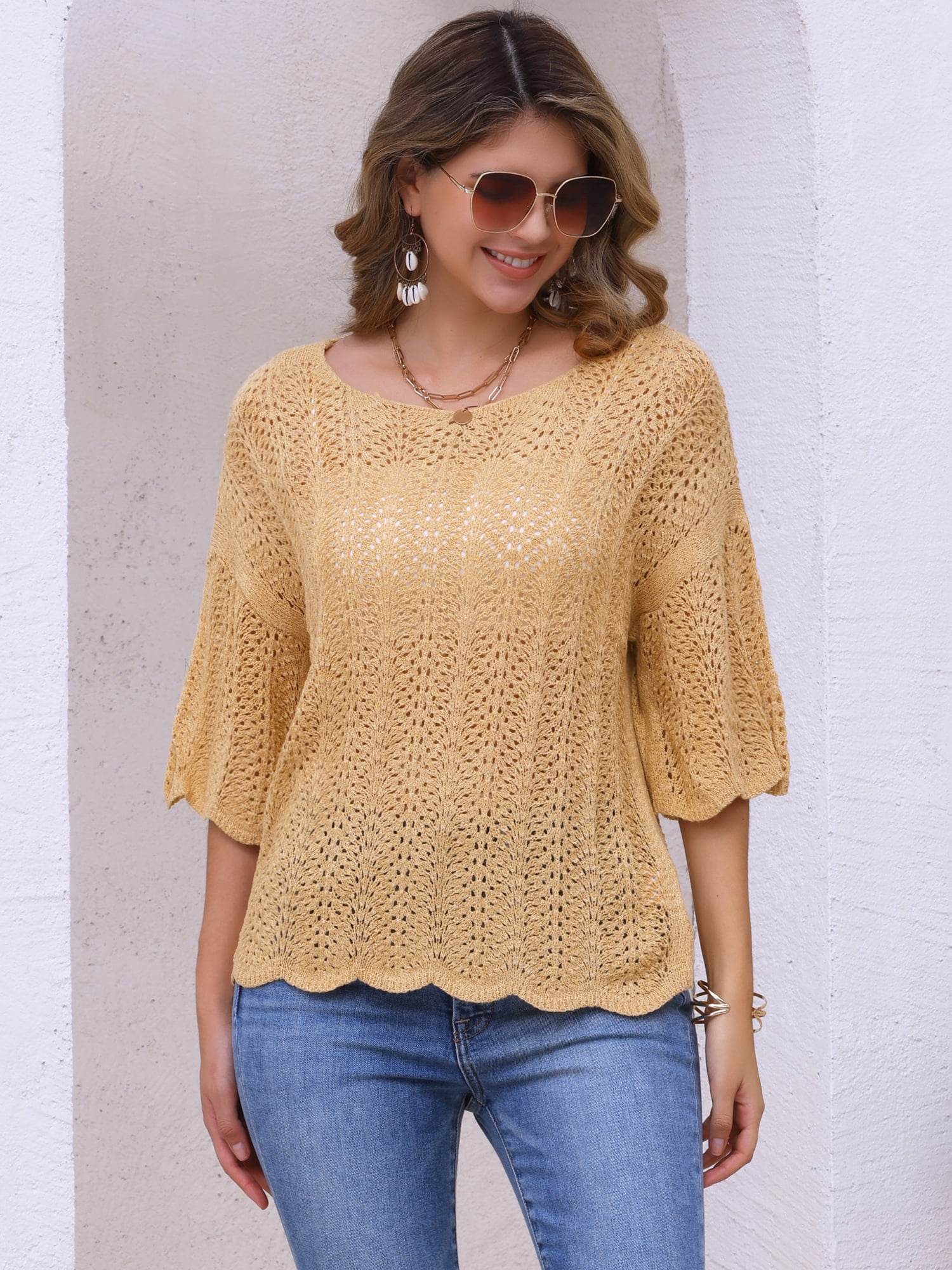DARING DIVA Women's Crochet Hollow Out Knit Half Sleeve Cover Up Top M Khaki