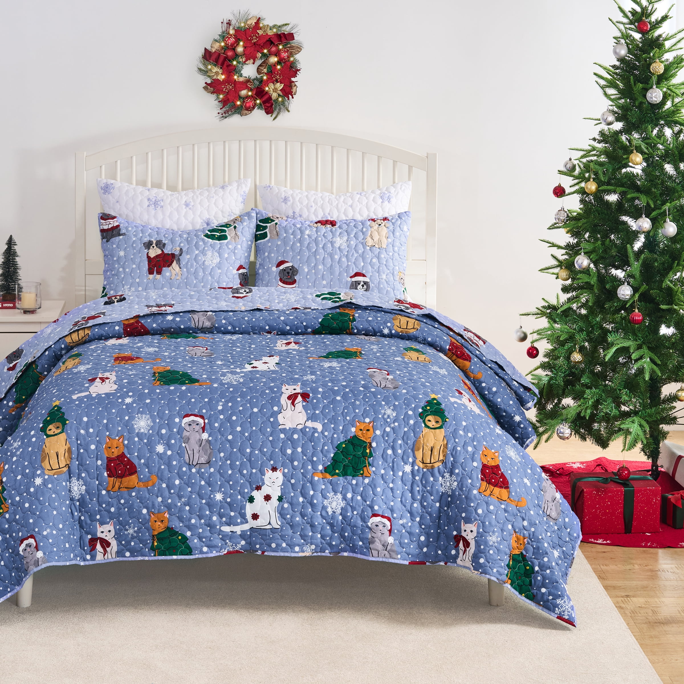 Greenland Home Fashions Winter Whiskers Holiday Dogs & Cats Pet Lovers' Quilt Set, 3-Piece Full/Queen