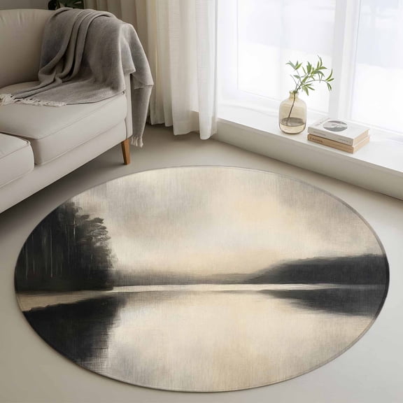 Round Rugs 3Ft, Black Beige Lake Round Area Rug Washable Indoor Throw Carpet, Abstract Aesthetics Mysterious Small Non Slip Circle Rug for Bedroom Living Room Home Decor Aesthetic