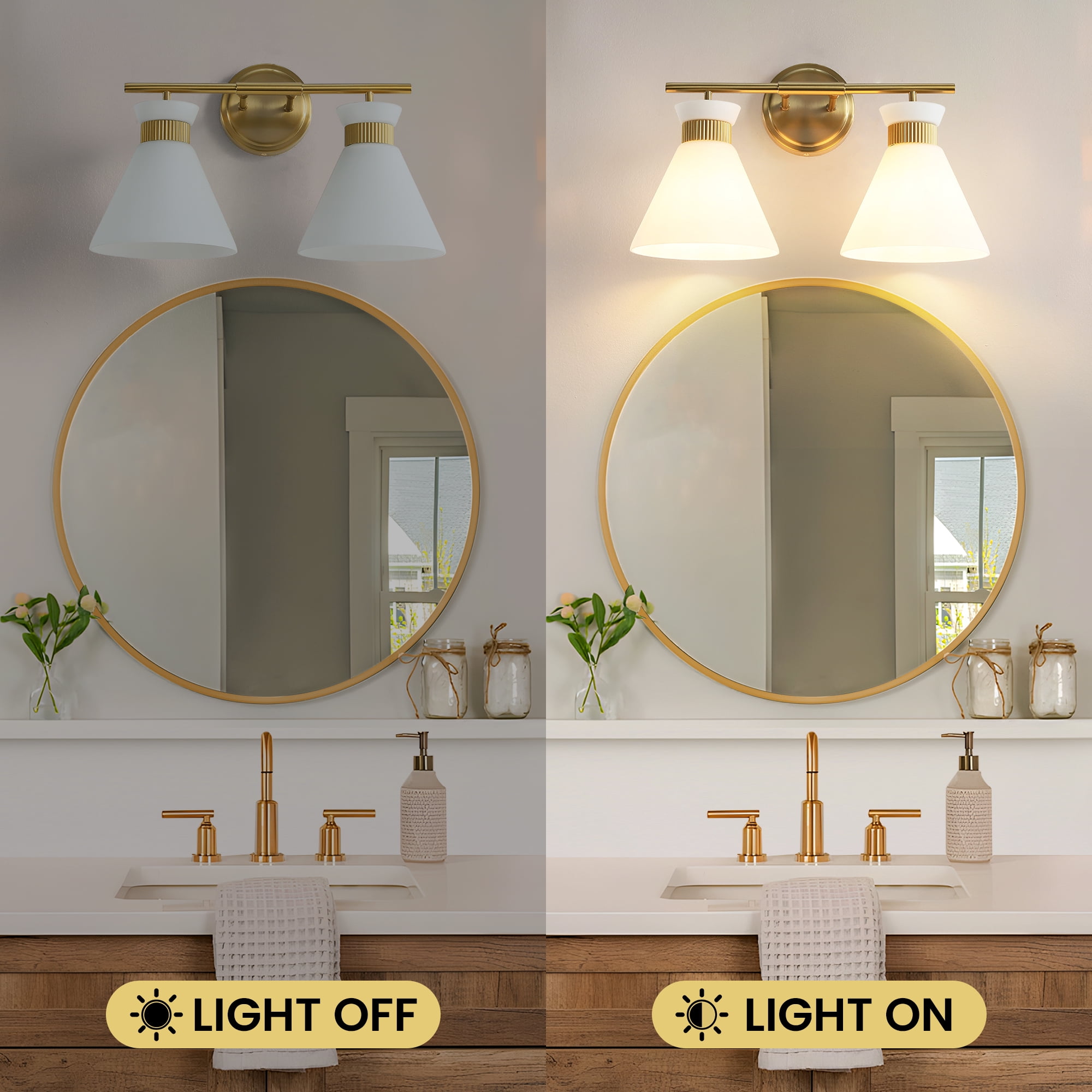 KAISITE 2-Lights Vanity Lights for Bathroom Gold Wall Sconce Lighting with Frosted Milky Glass for over Mirror Bedroom Hallway
