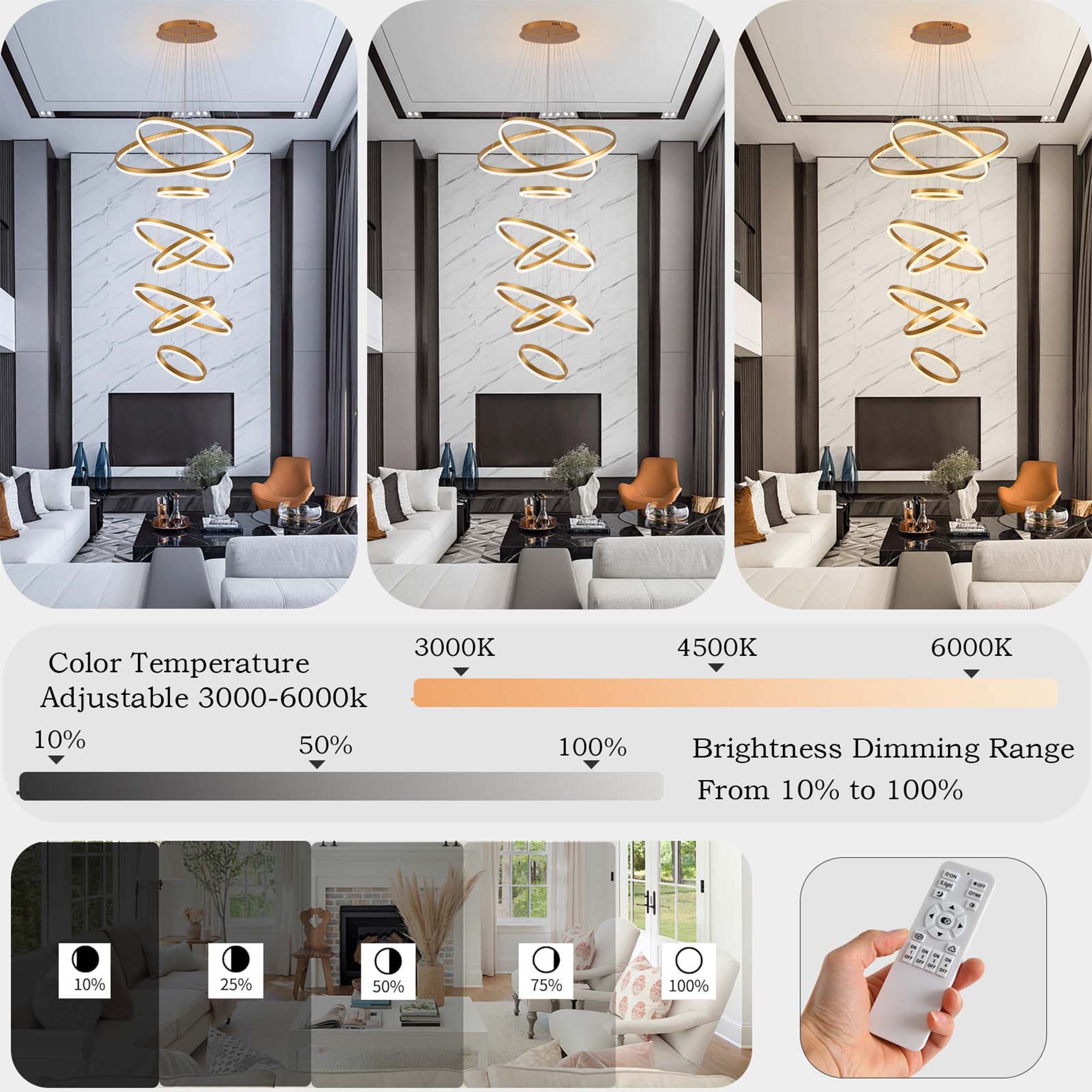 8 Ring Modern LED Chandelier, Dimmable Gold Ring High Ceiling Lighting with Romote Control,Large Foyer Chandeliers for Living Room Staircase Entryway