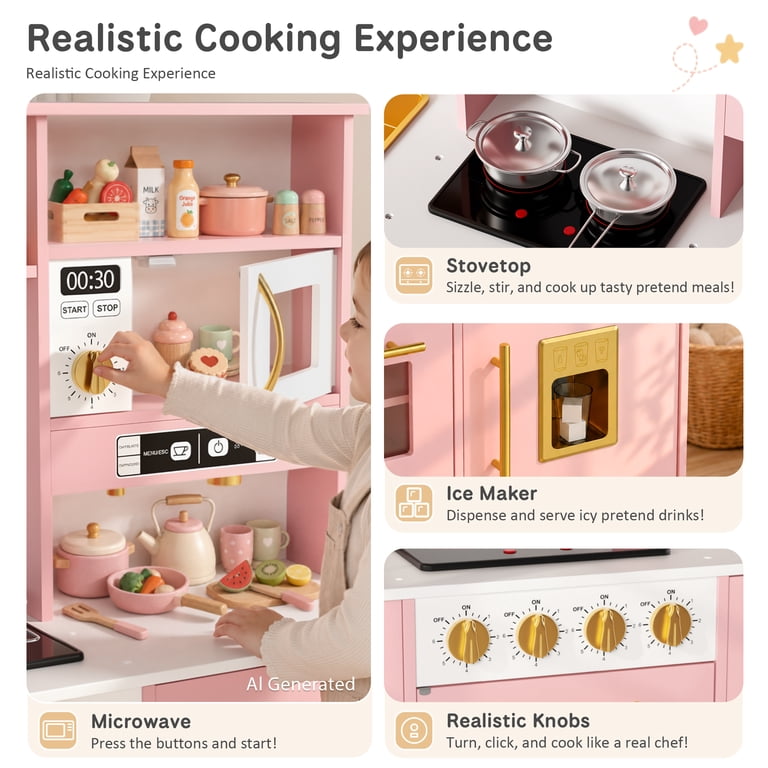 AILEEKISS Wood Kids Play Kitchen, Pink photo 3