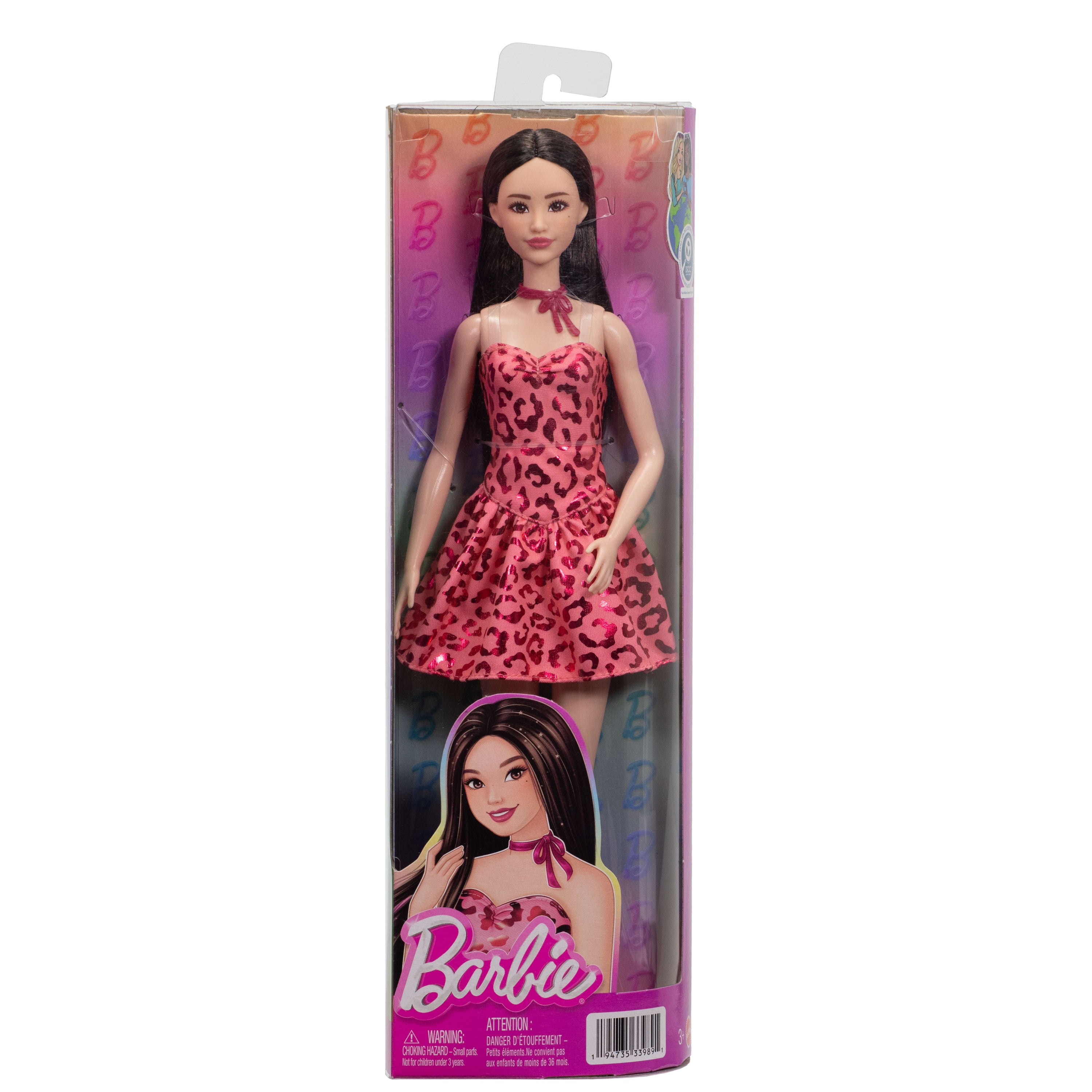 Barbie Fashionistas Doll #246 with Pink Leopard Print Dress, Black Hair