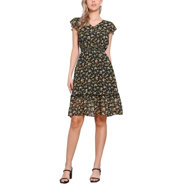 Vestido Casual de Mujer INSPIRE CHIC con Mangas de Volante Florales, Cuello en V, Fruncido y Volantes, Negro Amarillo L