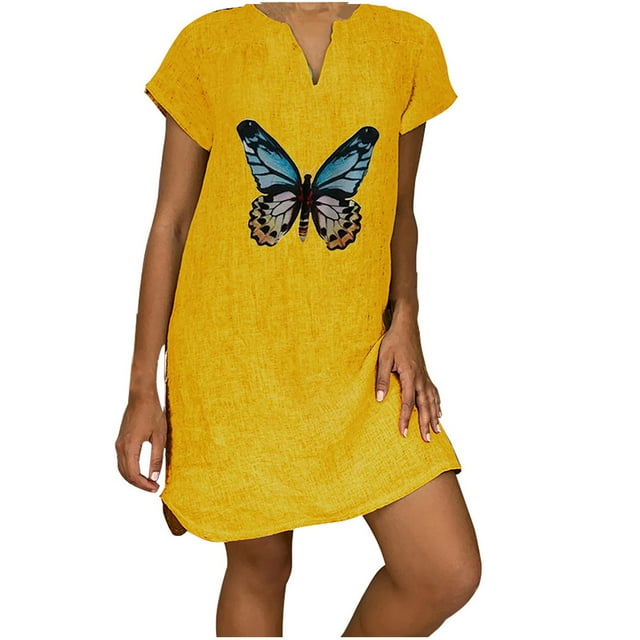 SMihono Robe d'Été Boho pour Femmes Grande Taille Femmes Manches Courtes Col en V Décontracté Vacances Imprimé Mini Robe Droite