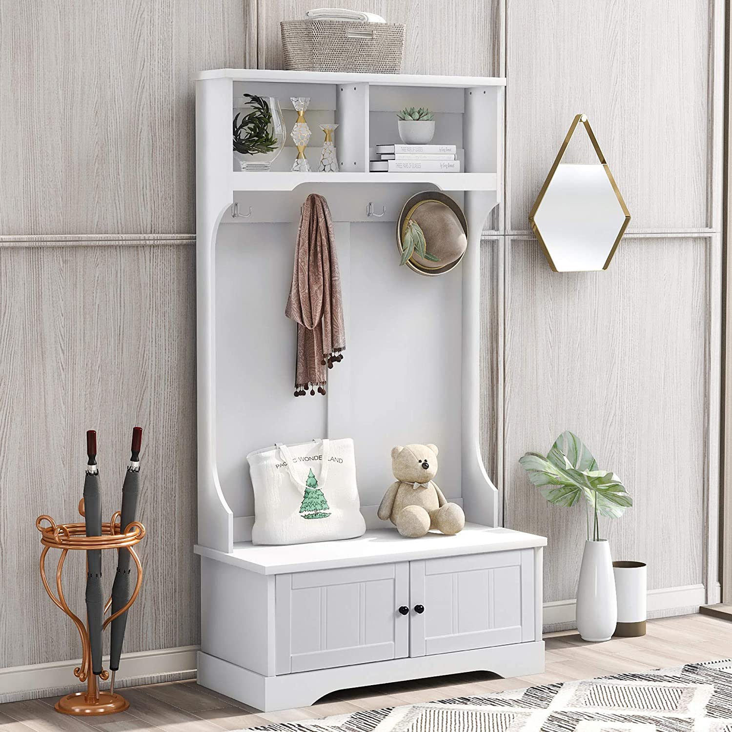 Hall Tree For Entryway, Coat Rack Shoe Bench With Bottom Storage