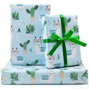 Cactus and Alpaca PresNok Wrapping Paper for Kids Women Sheets Cute Llama in Glasses Green Cactus Pattern Gift Wrap Paper with Ribbon, 20 x 30 inch Per Sheet Gift Paper for Birthday, Baby Shower