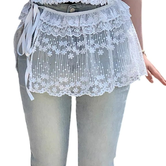Women Flower Lace Layered Mini Wrap Apron Skirt Decorative Sheer Mesh Overskirt