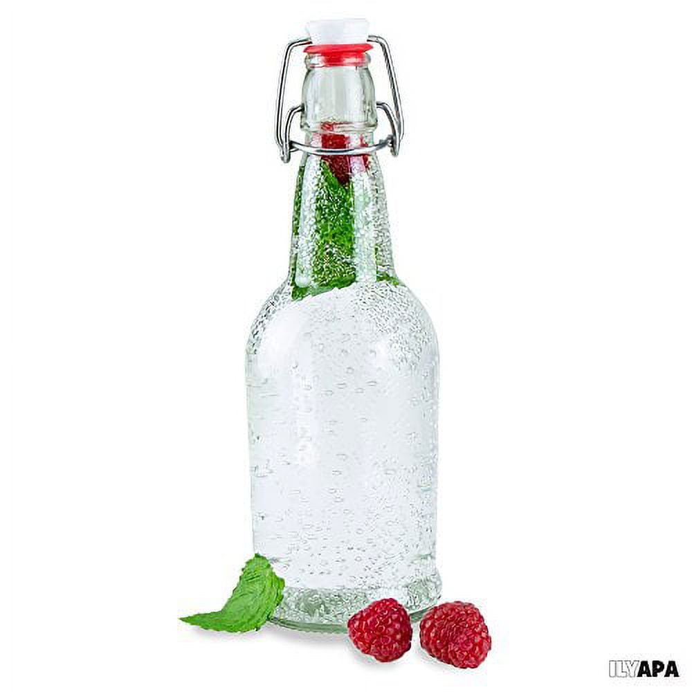 Ilyapa 16oz Clear Glass Beer Bottles for Home Brewing - 12 Pack with Airtight Rubber Seal Flip Caps