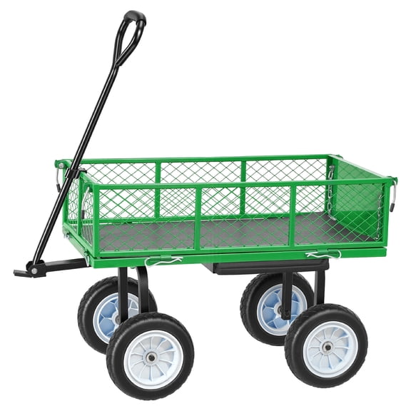KFFKFF Rolling Garden Cart with Seat, 500 lbs Capacity, Steel Frame Gardening Stool with Wheels, Includes Tool Tray and Adjustable Handle, Outdoor Yard Wagon for Lawn, Patio, and Backyard, Green