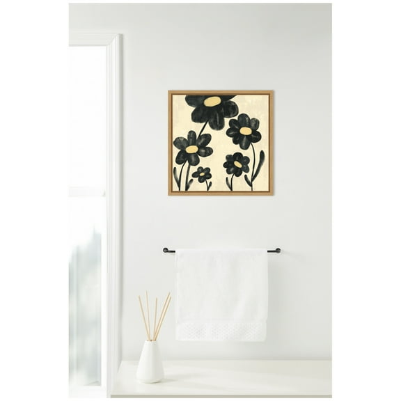Kate and Laurel Black Flowers Framed Canvas Wall Art by Carrie Cantwell 16 x 16 Sylvie Natural, Modern, Abstract, Flowers Art for Wall Decor, Living Room, Bedroom