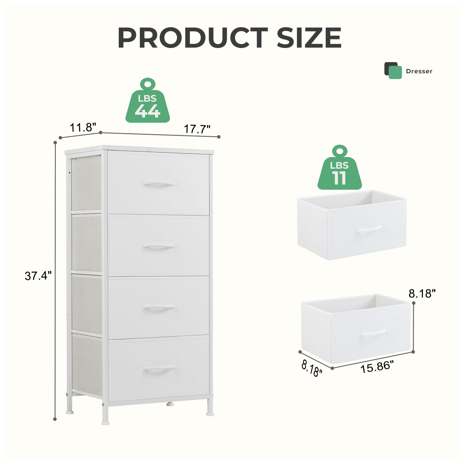EDX 4 Drawer Fabric Dressers Cabinet, Ideal for Living Room & Bedroom Storage, White-1