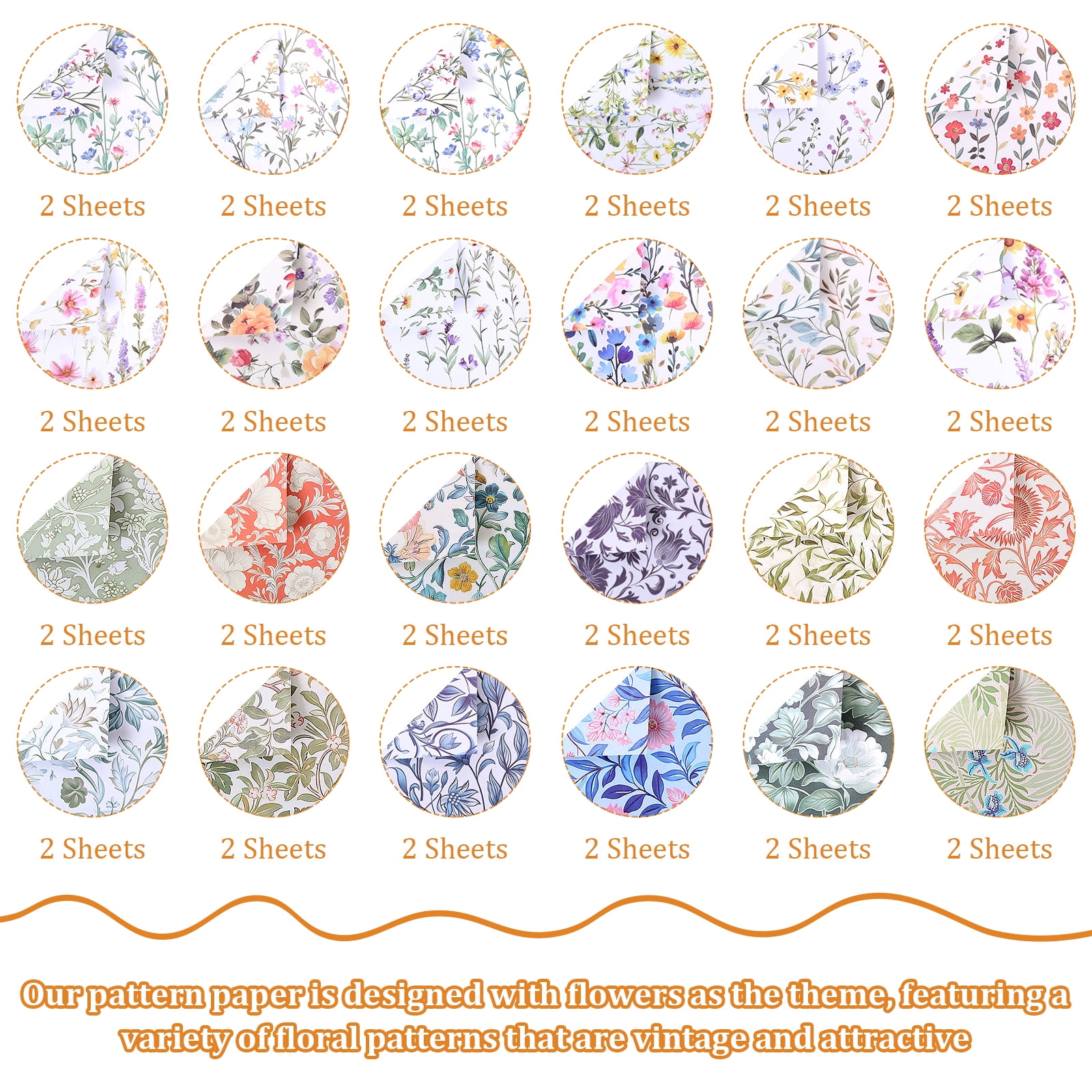 48Pcs Vintage Floral Scrapbook Paper Set Double Sided Flower Pattern Decorative Craft Paper for Birthday DIY Card